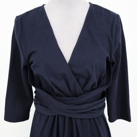 eShakti Dress Womens 12 Navy Blue Cotton Stretch Knit Zip Faux Wrap V Neck - Picture 7 of 12